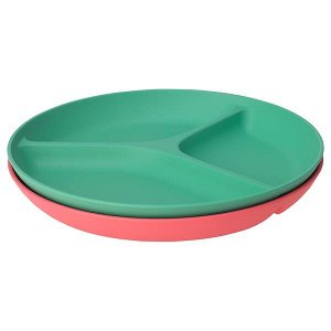 ХЭРОИСК Тарелка с 3 отделениями, светло-красный, зеленый, 22 см