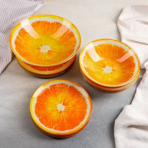 Набор тарелок стеклянных Доляна «Сочный апельсин», 19 предметов: 6 десертных тарелок, 6 обеденных тарелок, 6 мисок, салатник, цвет оранжевый