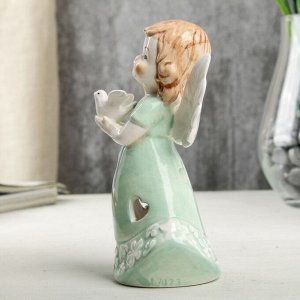 Сувенир керамика световой "Ангел-девочка в мятном платье, с голубем в руке" 12,1х6х7 см