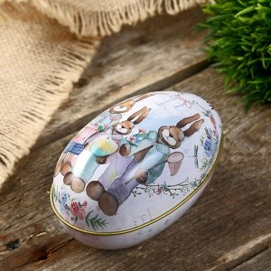 Шкатулка металл яйцо "Семья кроликов" 11х6,5х7 см