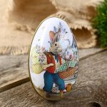 Шкатулка металл яйцо &quot;Заяц с пасхальной корзиной&quot; 11х6,5х7 см