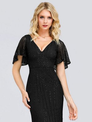 Шикарное черное длинное вечернее платье с блестками и V-образным вырезом
