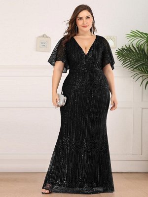 Шикарное черное длинное вечернее платье с блестками и V-образным вырезом