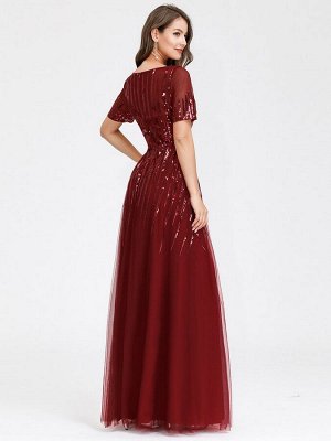 Длинное вечернее платье бордового цвета с короткими рукавами