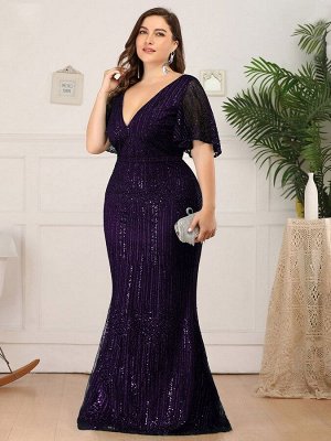 Шикарное фиолетовое длинное вечернее платье с блестками и V-образным вырезом