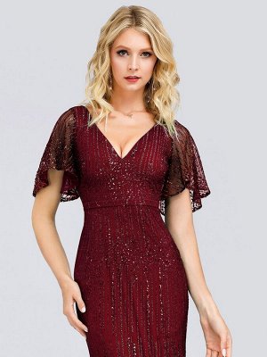 Шикарное бордовое длинное вечернее платье с блестками и V-образным вырезом