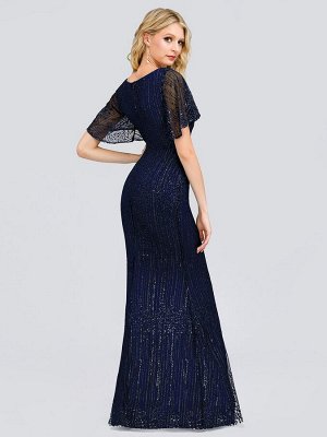 Шикарное темно-синее длинное вечернее платье с блестками и V-образным вырезом