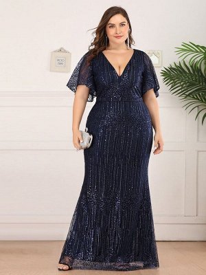Шикарное темно-синее длинное вечернее платье с блестками и V-образным вырезом
