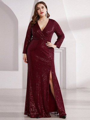Вечернее длинное блестящее бордовое  платье с V-образным вырезом с длинными рукавами и разрезом