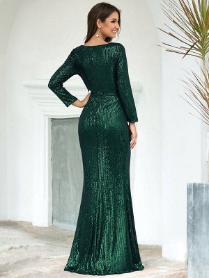 Вечернее длинное блестящее зеленое  платье с V-образным вырезом с длинными рукавами и разрезом