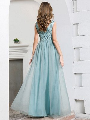 Романтичное длинное платье бирюзового цвета с V-образным вырезом
