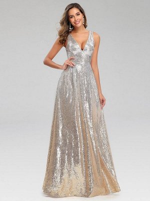 Элегантное серебрянное вечернее длинное платье с V-образным вырезом из блестящей ткани