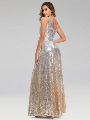 Элегантное серебрянное вечернее длинное платье с V-образным вырезом из блестящей ткани
