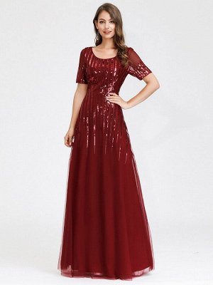 Длинное вечернее платье бордового цвета с короткими рукавами