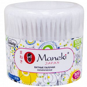 Палочки ватные гигиенические "Maneki", серия Lovely, с белым пластиковым стиком, в пластиковом стакане, 300 шт./упак