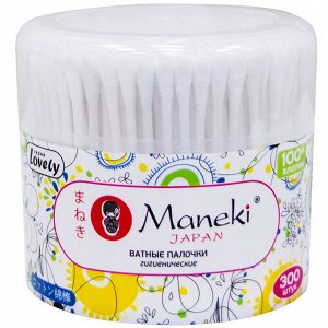 Палочки ватные гигиенические &quot;Maneki&quot;, серия Lovely, с белым пластиковым стиком, в пластиковом стакане, 300 шт./упак