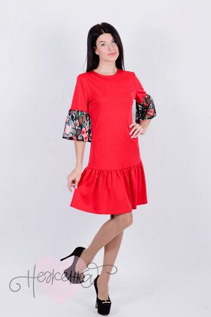 Платье П 644 (красный+маки на ч. сетке)