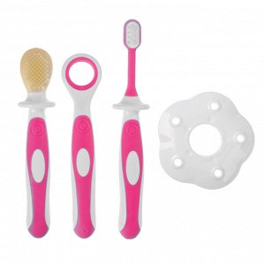 Зубная щётка детская, набор 3 шт. с ограничителем: силиконовая, с мягкой щетиной, для языка, от 3 мес., цвет розовый
