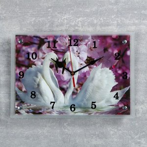 Часы настенные, серия: Животный мир, "Два лебедя, сиреневые цветы", 25х35 см
