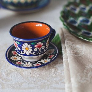 Кофейная пара Шафран Риштанская Керамика, 2 предмета: чашка 100 мл, блюдце d=10 см, синяя