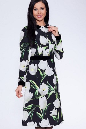 Платье 410 "Креп-шифон", черный фон/белые крупные тюльпаны