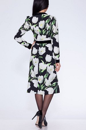 Платье 410 "Креп-шифон", черный фон/белые крупные тюльпаны