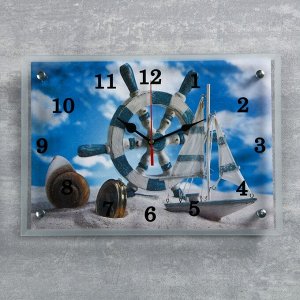 Часы настенные, серия: Море, "Штурвал и яхта на песке", 25х35  см, в ассортименте