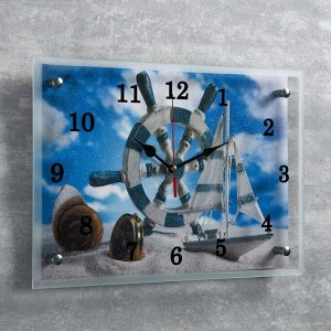 Часы настенные, серия: Море, "Штурвал и яхта на песке", 25х35  см, микс