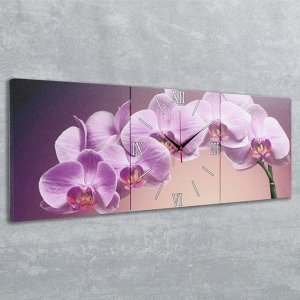 Часы настенные, модульные, серия: Цветы, "Фиолетовые орхидеи", 35х110  см, микс