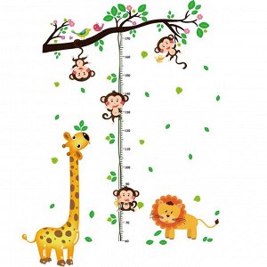 Наклейка-ростомер "Лев, жираф и обезьяны" виниловая самоклеящаяся