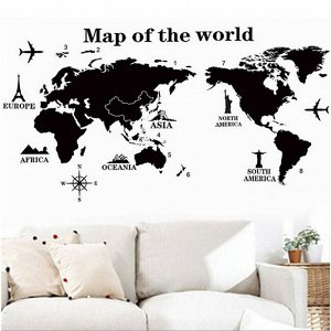Наклейка &quot;Карта мира&quot; черно-белая виниловая самоклеящаяся