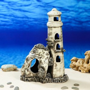 Декорация для аквариума "Маяк со скалой'', 34 см, микс