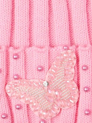 Шапка вязаная женская с помпоном, лапша, на отвороте бусины и  бабочка из бисера, розовый