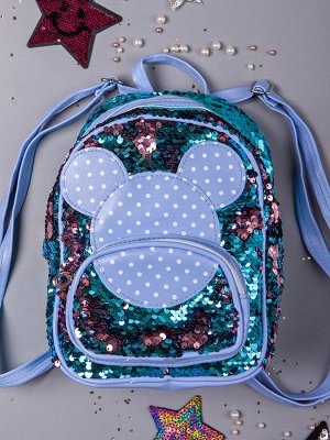 Рюкзак для девочки с пайетками, мышка в горошек, голубой
