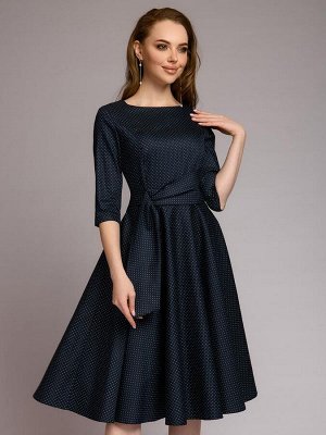 Платье длины миди темно-синее в мелкий горошек с декоративной драпировкой
