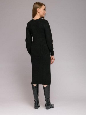 Платье черное вязаное длины миди с длинными рукавами и поясом