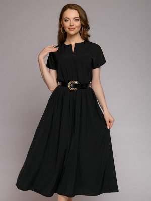 Платье черное длины миди с короткими рукавами и широким поясом