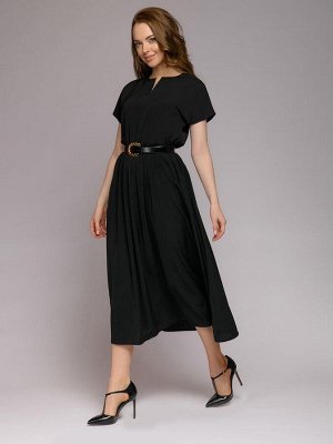 Платье черное длины миди с короткими рукавами и широким поясом