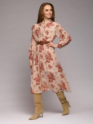 Платье кремового цвета с цветочным принтом длины миди с воланами на рукавах