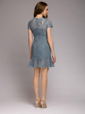Платье пыльно-синее кружевное длины мини с короткими рукавами