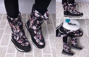 Обувь женская 866-10 Дутики "Рисунок Цветы" Черные с Розовым