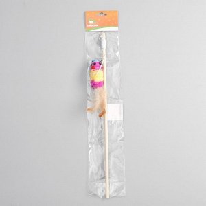 Дразнилка с махровой мышкой (7 см) на деревянной палочке, 40 см, микс цветов