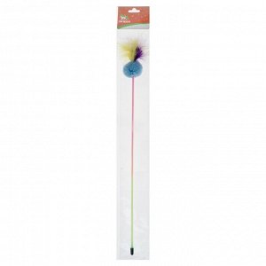 Дразнилка для кошек "Радуга" с мягким шариком и перьями, палочка 38 см, микс цветов
