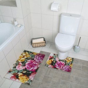 Набор ковриков для ванны и туалета Доляна «Акварель пионы», 2 шт: 40x50, 50x80 см