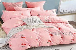 Постельное белье из светло-розового сатина с вишнями и полосатым компаньоном