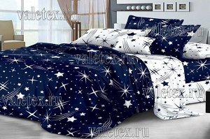 Постельное белье из черно-синего поплина Звездная ночь со звездами и белым контрастным компаньоном 2 СП