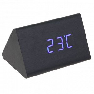 Часы-будильник электронные "Креон", настольные, тёмное дерево, синие цифры, 12х8х8 см