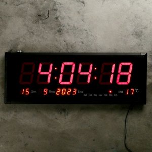 Часы настенные электронные. с термометром и календарём. красные цифры. 64х24х3 см