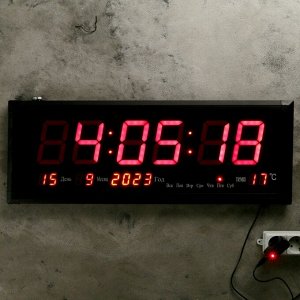 Часы настенные электронные. с термометром и календарём. красные цифры. 64х24х3 см