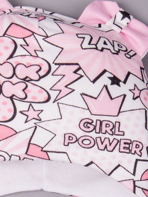 Шапка трикотажная для девочки с ушками на завязках + снуд на кнопке, girl power, светло-розовый